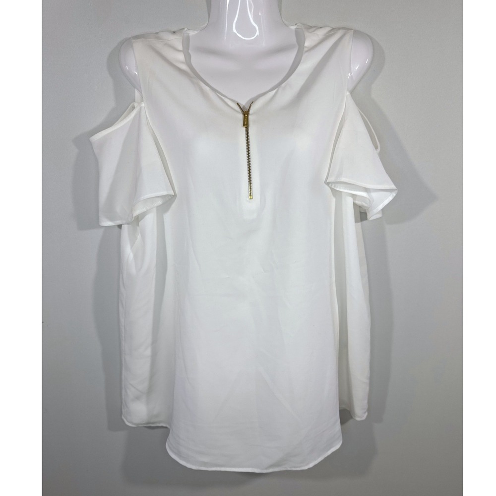 Calvin Klein White Cold Shoulder Zip Front Blouse Women Large Casual Chic‎